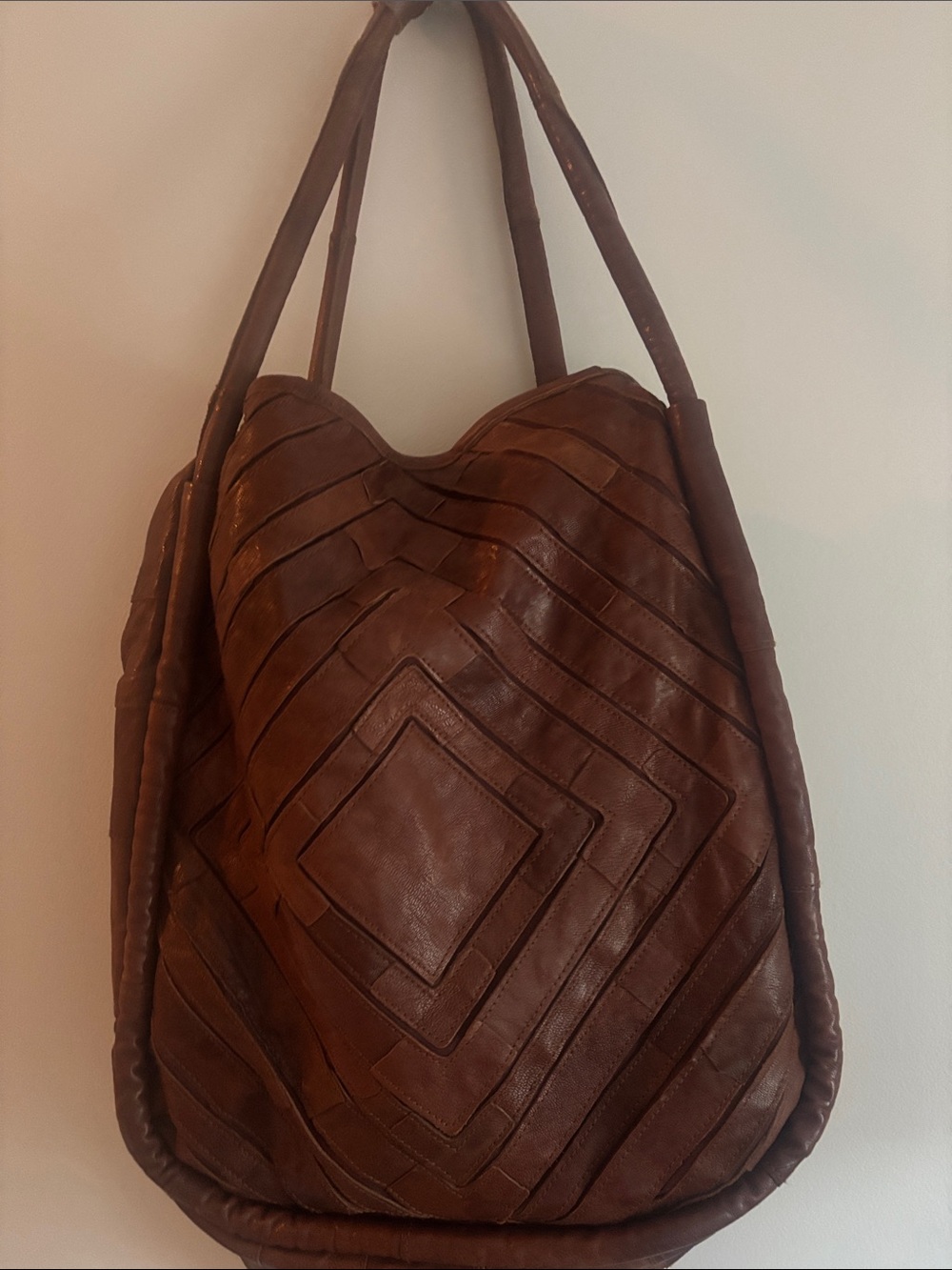 Woven Chevron Leather Shoulder Bag - Brown